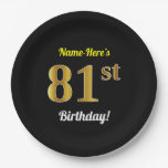 [ Thumbnail: Black, Faux Gold 81st Birthday + Custom Name Paper Plates ]