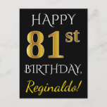 [ Thumbnail: Black, Faux Gold 81st Birthday + Custom Name Postcard ]