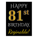 [ Thumbnail: Black, Faux Gold 81st Birthday + Custom Name Postcard ]