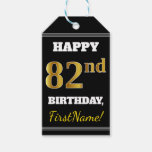 [ Thumbnail: Black, Faux Gold 82nd Birthday + Custom Name Gift Tags ]