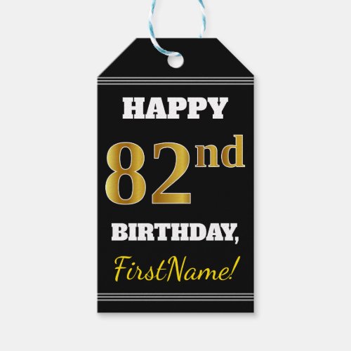 Black Faux Gold 82nd Birthday  Custom Name Gift Tags