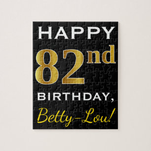 Black, Faux Gold 82nd Birthday + Custom Name Jigsaw Puzzle