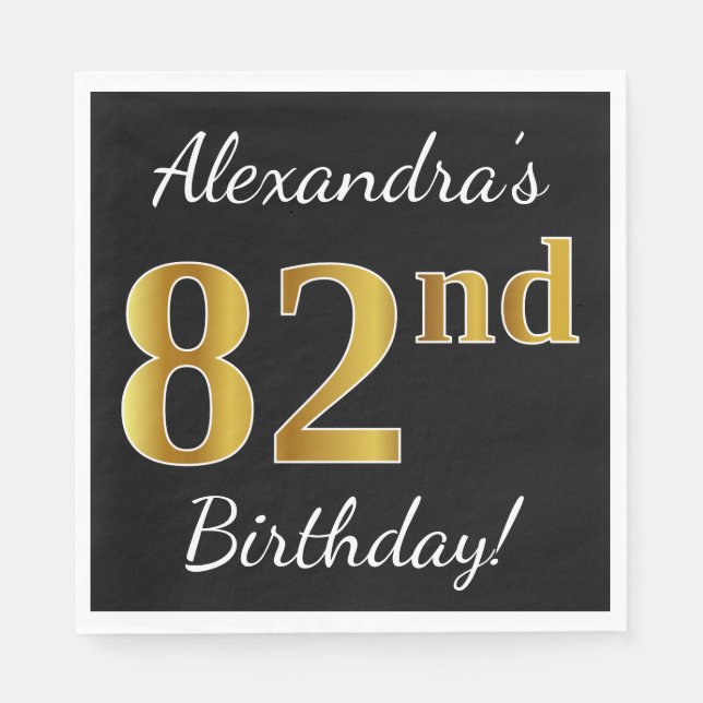 Black, Faux Gold 82nd Birthday + Custom Name Paper Napkins (Front)