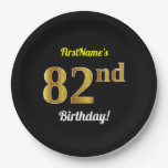 [ Thumbnail: Black, Faux Gold 82nd Birthday + Custom Name Paper Plates ]