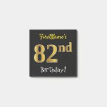 [ Thumbnail: Black, Faux Gold 82nd Birthday, With Custom Name Notes ]