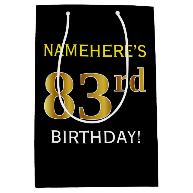Black, Faux Gold 83rd Birthday + Custom Name Medium Gift Bag (Front)