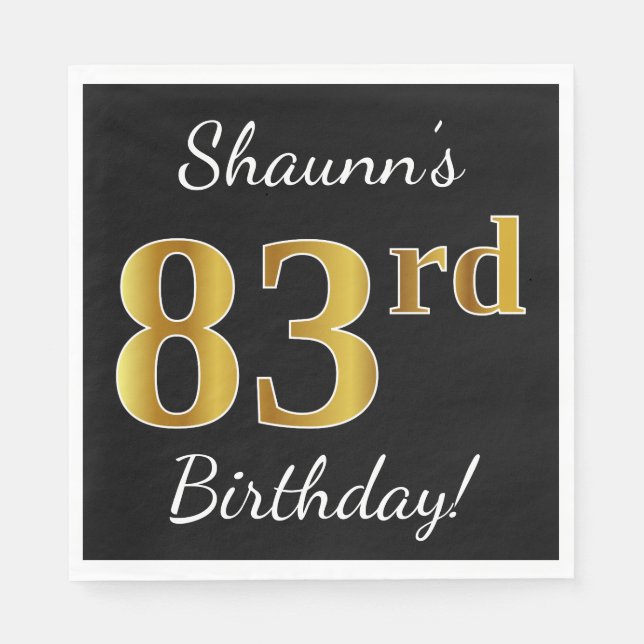 Black, Faux Gold 83rd Birthday + Custom Name Napkins (Front)