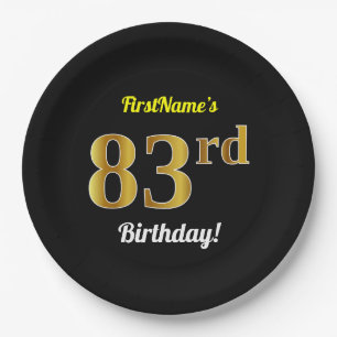 Black, Faux Gold 83rd Birthday + Custom Name Paper Plates