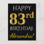 [ Thumbnail: Black, Faux Gold 83rd Birthday + Custom Name Postcard ]