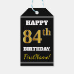 [ Thumbnail: Black, Faux Gold 84th Birthday + Custom Name Gift Tags ]
