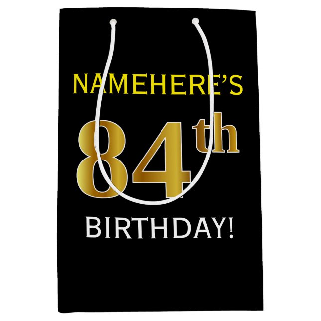 Black, Faux Gold 84th Birthday + Custom Name Medium Gift Bag (Front)