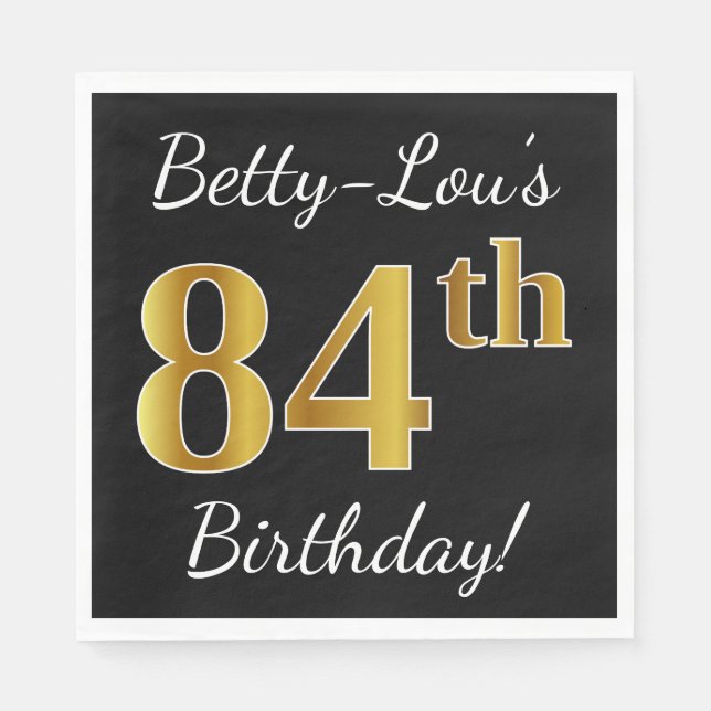 Black, Faux Gold 84th Birthday + Custom Name Paper Napkins (Front)