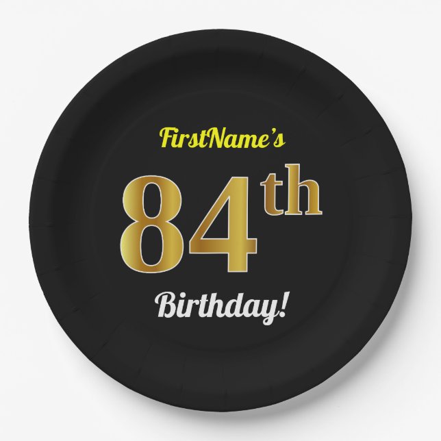 Black, Faux Gold 84th Birthday + Custom Name Paper Plates (Front)