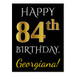 [ Thumbnail: Black, Faux Gold 84th Birthday + Custom Name Postcard ]