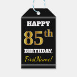 [ Thumbnail: Black, Faux Gold 85th Birthday + Custom Name Gift Tags ]