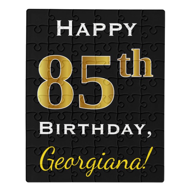 Black, Faux Gold 85th Birthday + Custom Name Jigsaw Puzzle (Puzzle Vertical)