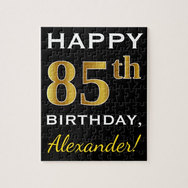Black, Faux Gold 85th Birthday + Custom Name Jigsaw Puzzle (Vertical)
