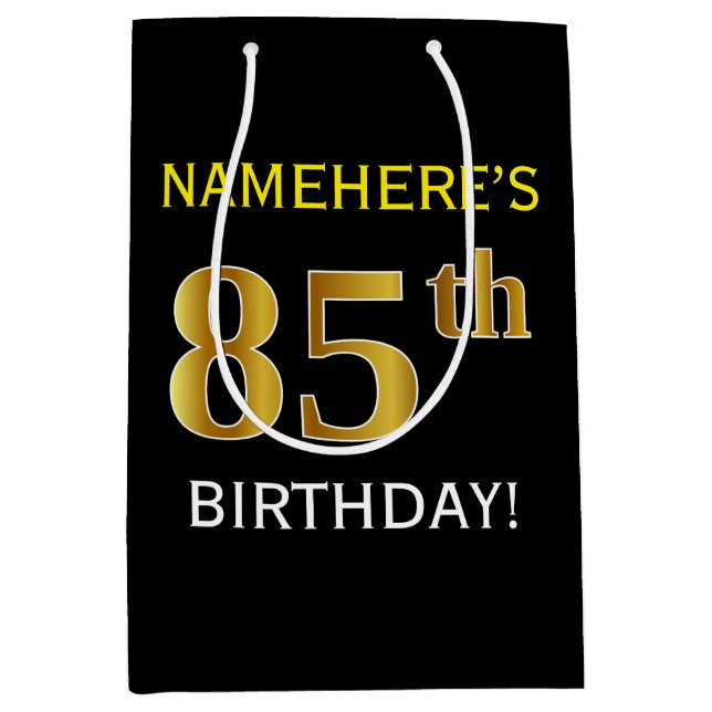 Black, Faux Gold 85th Birthday + Custom Name Medium Gift Bag (Front)