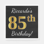 [ Thumbnail: Black, Faux Gold 85th Birthday + Custom Name Paper Napkin ]