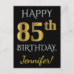 [ Thumbnail: Black, Faux Gold 85th Birthday + Custom Name Postcard ]