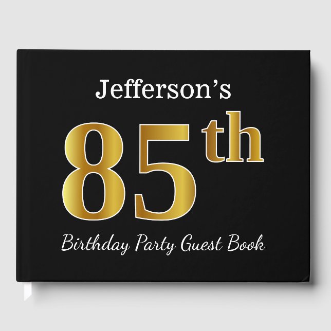 Black, Faux Gold 85th Birthday Party + Custom Name Guest Book (Front)