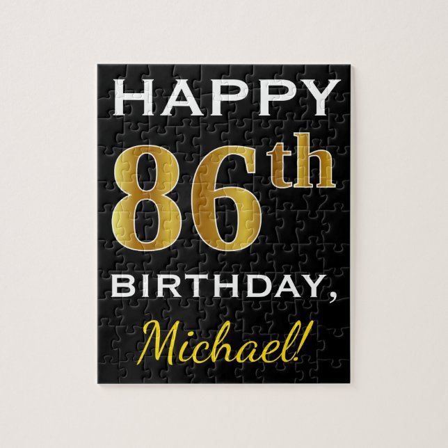 Black, Faux Gold 86th Birthday + Custom Name Jigsaw Puzzle (Vertical)
