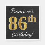 [ Thumbnail: Black, Faux Gold 86th Birthday + Custom Name Napkins ]