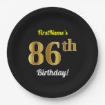 [ Thumbnail: Black, Faux Gold 86th Birthday + Custom Name Paper Plates ]