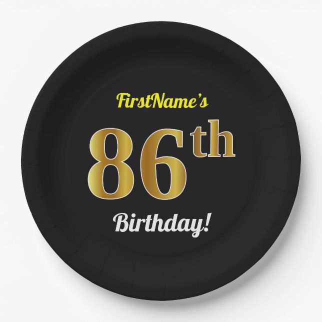 Black, Faux Gold 86th Birthday + Custom Name Paper Plates (Front)