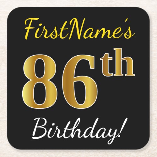 Black Faux Gold 86th Birthday  Custom Name Square Paper Coaster