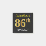 [ Thumbnail: Black, Faux Gold 86th Birthday, With Custom Name Notes ]