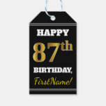 [ Thumbnail: Black, Faux Gold 87th Birthday + Custom Name Gift Tags ]