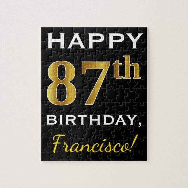 Black, Faux Gold 87th Birthday + Custom Name Jigsaw Puzzle (Vertical)