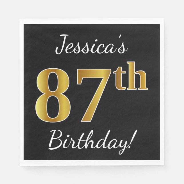 Black, Faux Gold 87th Birthday + Custom Name Paper Napkins (Front)