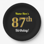 [ Thumbnail: Black, Faux Gold 87th Birthday + Custom Name Paper Plates ]