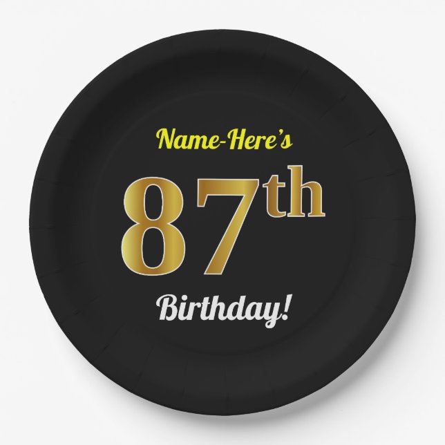 Black, Faux Gold 87th Birthday + Custom Name Paper Plates (Front)