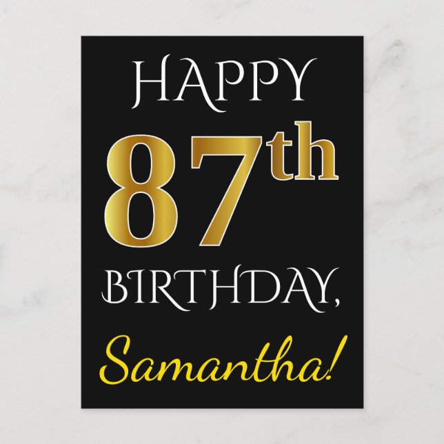 Black, Faux Gold 87th Birthday + Custom Name Postcard (Front)