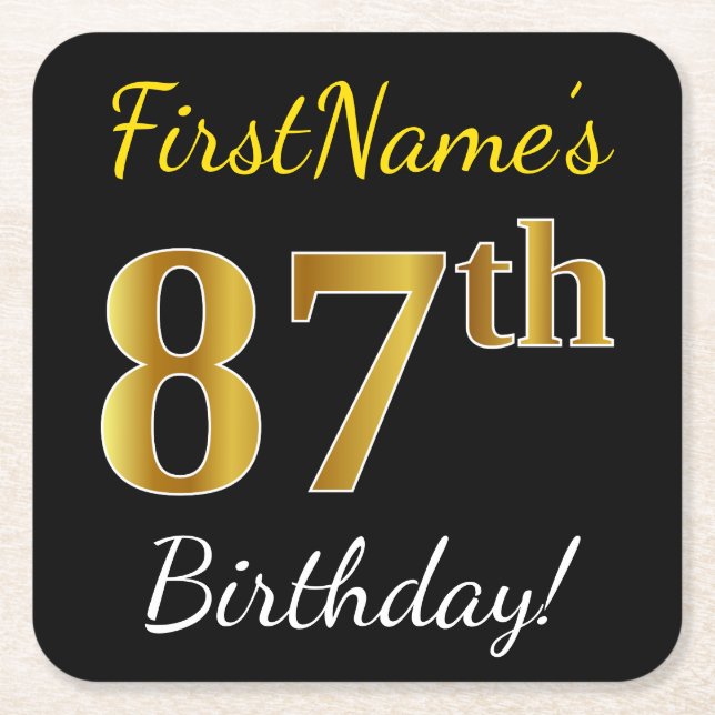 Black, Faux Gold 87th Birthday + Custom Name Square Paper Coaster (Front)