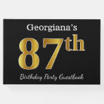 [ Thumbnail: Black, Faux Gold 87th Birthday Party + Custom Name Guest Book ]