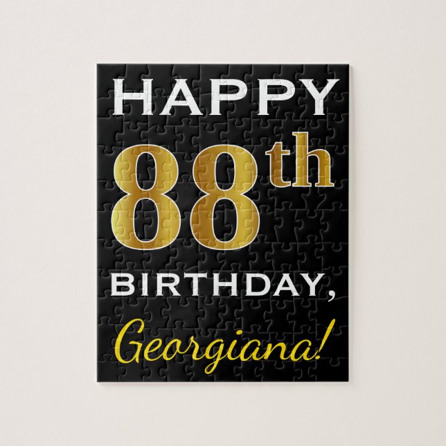 Black, Faux Gold 88th Birthday + Custom Name Jigsaw Puzzle (Vertical)
