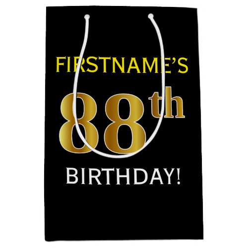 Black Faux Gold 88th Birthday  Custom Name Medium Gift Bag