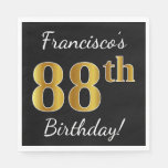 [ Thumbnail: Black, Faux Gold 88th Birthday + Custom Name Paper Napkin ]