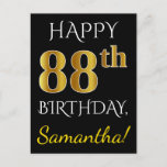 [ Thumbnail: Black, Faux Gold 88th Birthday + Custom Name Postcard ]