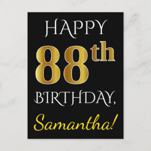 Black, Faux Gold 88th Birthday + Custom Name Postcard