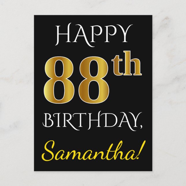 Black, Faux Gold 88th Birthday + Custom Name Postcard (Front)