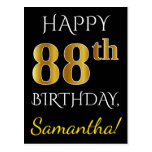 [ Thumbnail: Black, Faux Gold 88th Birthday + Custom Name Postcard ]