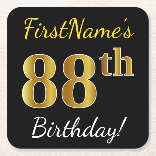 Black Faux Gold 88th Birthday  Custom Name Square Paper Coaster