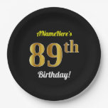 [ Thumbnail: Black, Faux Gold 89th Birthday + Custom Name Paper Plates ]
