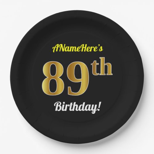 Black Faux Gold 89th Birthday  Custom Name Paper Plates