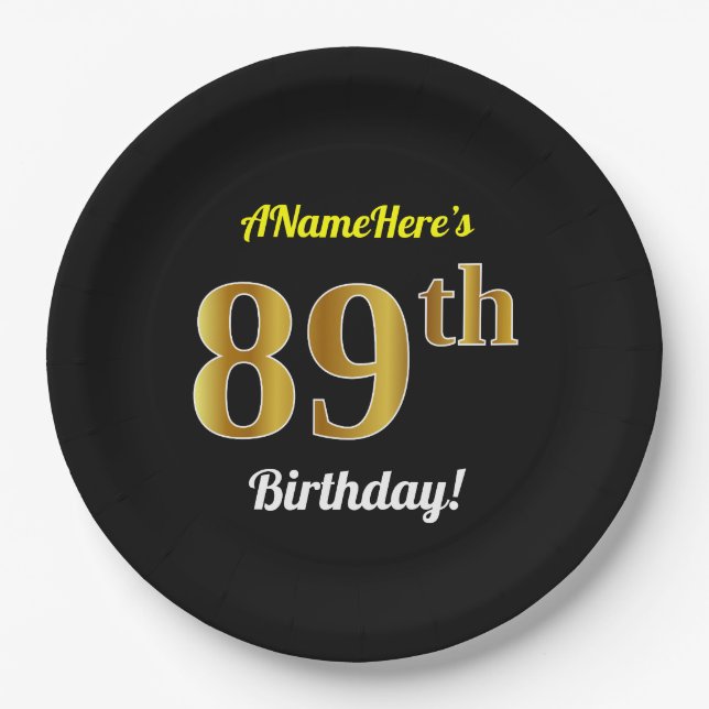 Black, Faux Gold 89th Birthday + Custom Name Paper Plates (Front)